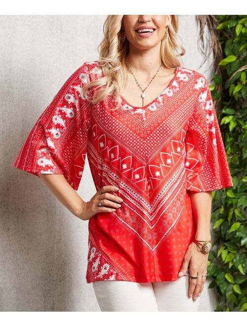 Suzanne Betro Red Geometric Kimono-Sleeve Tunic - Women & Plus