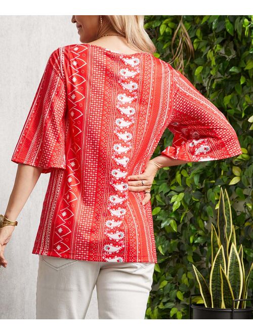 Suzanne Betro Red Geometric Kimono-Sleeve Tunic - Women & Plus