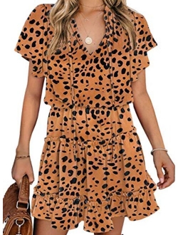 GOSOPIN Women Leopard Tunic Dress V Neck Floral Swing Shift Dresses