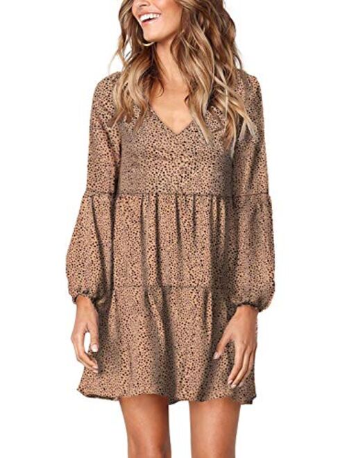 GOSOPIN Women Leopard Tunic Dress V Neck Floral Swing Shift Dresses