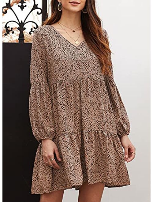 GOSOPIN Women Leopard Tunic Dress V Neck Floral Swing Shift Dresses