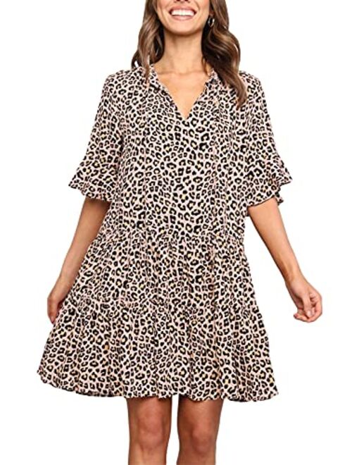 GOSOPIN Women Leopard Tunic Dress V Neck Floral Swing Shift Dresses