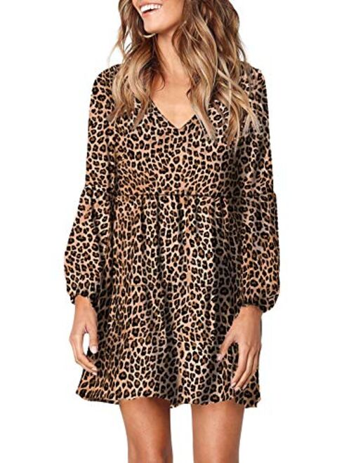 GOSOPIN Women Leopard Tunic Dress V Neck Floral Swing Shift Dresses