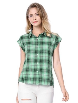 Women's Summer Plaid Tops Short Sleeves Button Down Shirt