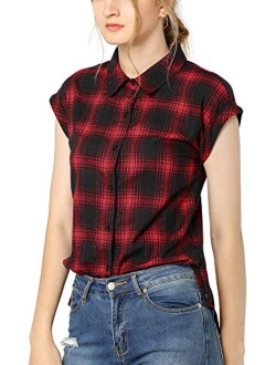 Women's Summer Plaid Tops Short Sleeves Button Down Shirt