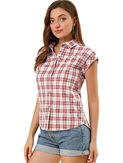 Women's Summer Plaid Tops Short Sleeves Button Down Shirt