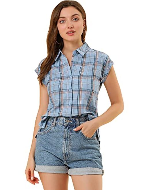 Allegra K Women's Summer Plaid Tops Short Sleeves Button Down Shirt