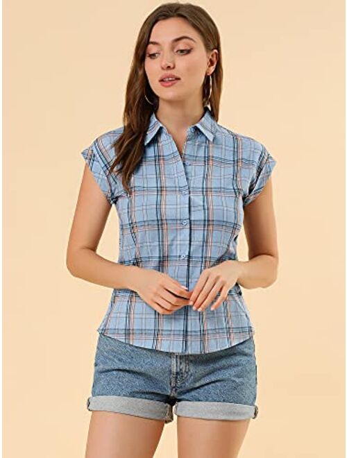 Allegra K Women's Summer Plaid Tops Short Sleeves Button Down Shirt