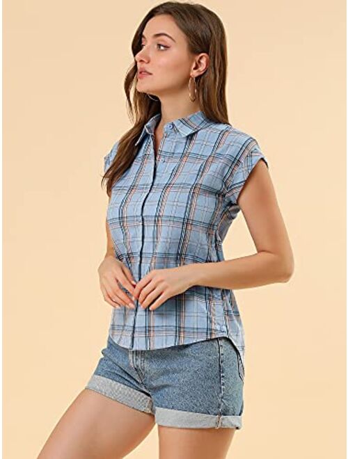 Allegra K Women's Summer Plaid Tops Short Sleeves Button Down Shirt