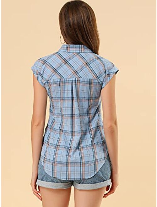 Allegra K Women's Summer Plaid Tops Short Sleeves Button Down Shirt