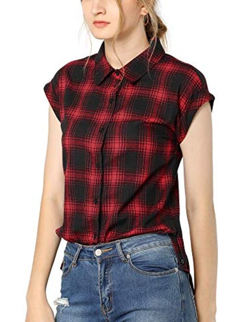 Allegra K Women's Summer Plaid Tops Short Sleeves Button Down Shirt