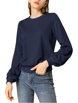 Women's Lantern Sleeve Tops Crewneck Winter Retro Ribbed Pullover Sweater