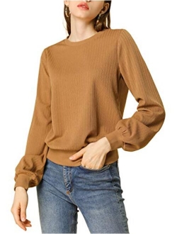 Women's Lantern Sleeve Tops Crewneck Winter Retro Ribbed Pullover Sweater