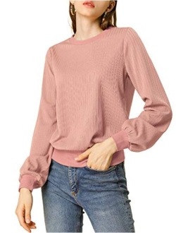 Women's Lantern Sleeve Tops Crewneck Winter Retro Ribbed Pullover Sweater