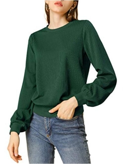 Women's Lantern Sleeve Tops Crewneck Winter Retro Ribbed Pullover Sweater