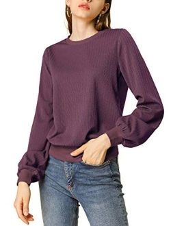 Women's Lantern Sleeve Tops Crewneck Winter Retro Ribbed Pullover Sweater