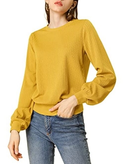 Women's Lantern Sleeve Tops Crewneck Winter Retro Ribbed Pullover Sweater