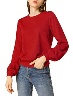 Women's Lantern Sleeve Tops Crewneck Winter Retro Ribbed Pullover Sweater