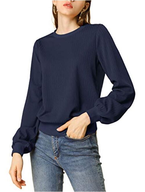 Allegra K Women's Lantern Sleeve Tops Crewneck Winter Retro Ribbed Pullover Sweater