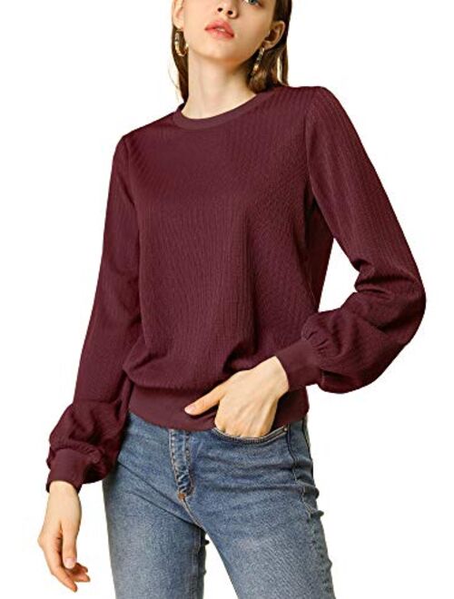 Allegra K Women's Lantern Sleeve Tops Crewneck Winter Retro Ribbed Pullover Sweater