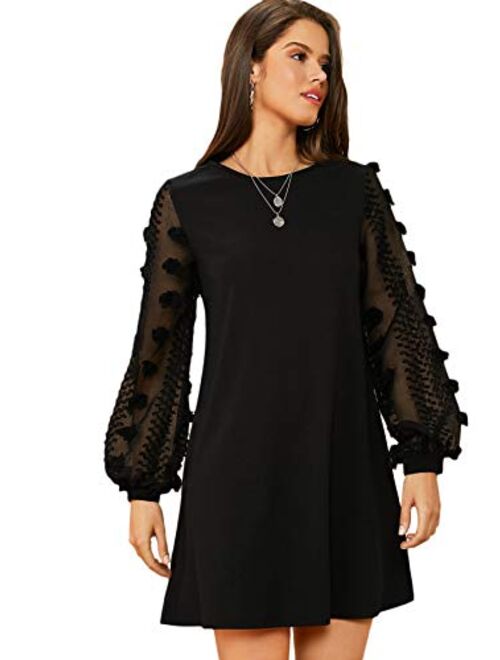 Floerns Women's Applique Sheer Bishop Sleeve A Line Shift Tunic Dress