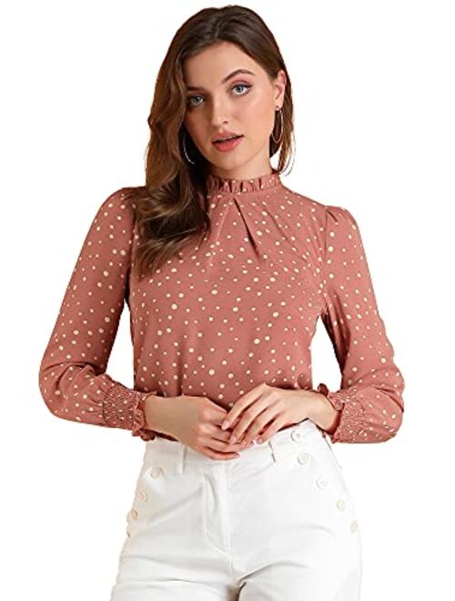 Allegra K Women's Smocked Cuffs Top Puff Sleeve Ruffled Neck Vintage Printed Blouses