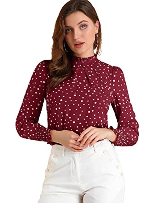 Allegra K Women's Smocked Cuffs Top Puff Sleeve Ruffled Neck Vintage Printed Blouses