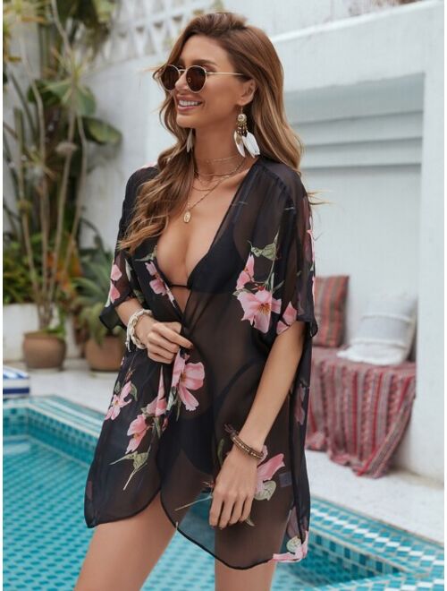 Shein Floral Print Sheer Chiffon Kimono