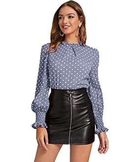 Women's Elegant Polka Dot Frill Neck Shirred Cuff Blouse Top