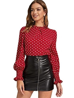 Women's Elegant Polka Dot Frill Neck Shirred Cuff Blouse Top