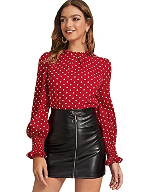 Floerns Women's Elegant Polka Dot Frill Neck Shirred Cuff Blouse Top