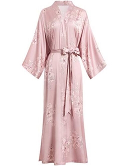 Aensso long silky kimono robes for women, lightweight & soft floral bridal robe