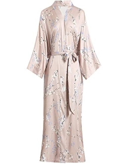 Aensso long silky kimono robes for women, lightweight & soft floral bridal robe