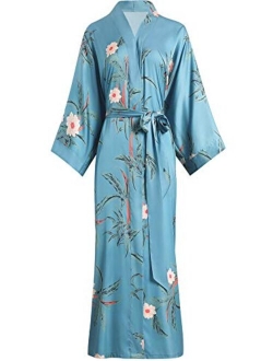 Aensso long silky kimono robes for women, lightweight & soft floral bridal robe