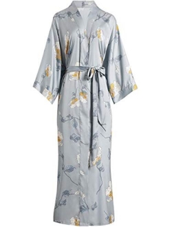 Aensso long silky kimono robes for women, lightweight & soft floral bridal robe