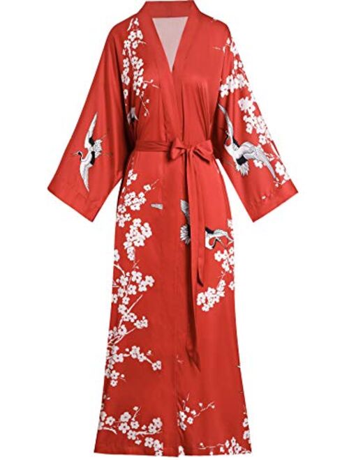 Aensso long silky kimono robes for women, lightweight & soft floral bridal robe