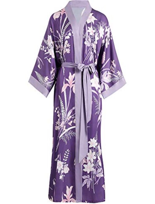 Aensso long silky kimono robes for women, lightweight & soft floral bridal robe