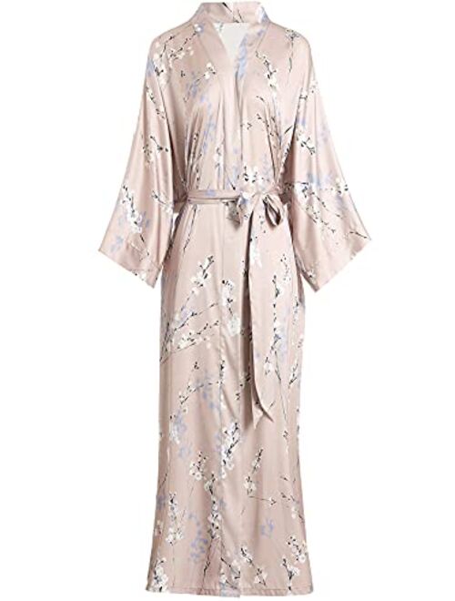 Aensso long silky kimono robes for women, lightweight & soft floral bridal robe