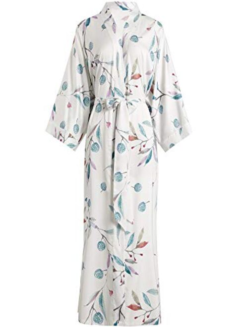 Aensso long silky kimono robes for women, lightweight & soft floral bridal robe