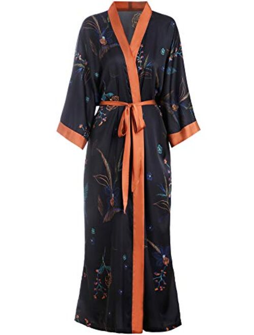 Aensso long silky kimono robes for women, lightweight & soft floral bridal robe