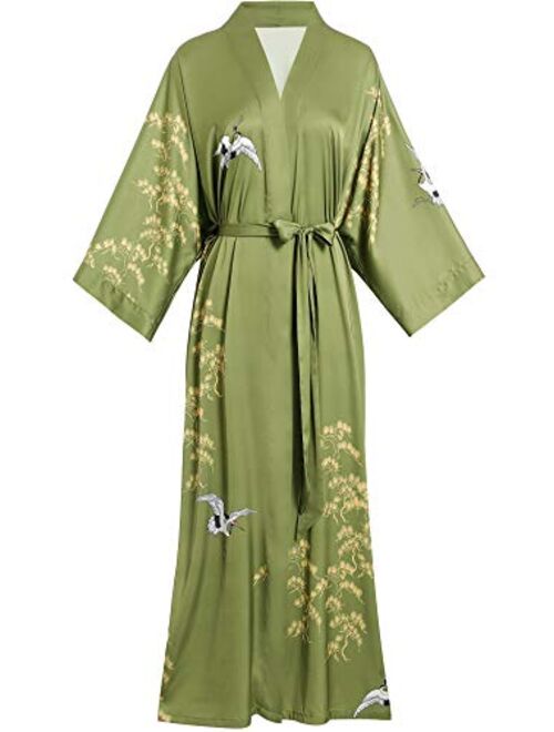 Aensso long silky kimono robes for women, lightweight & soft floral bridal robe