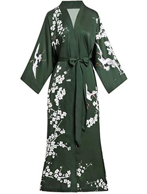 Aensso long silky kimono robes for women, lightweight & soft floral bridal robe