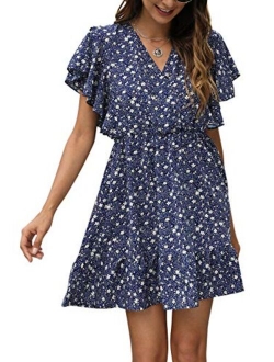 Manydress Women’s Casual Floral Print Butterfly Sleeve Flowy Swing Boho Dress with Pockets MY091