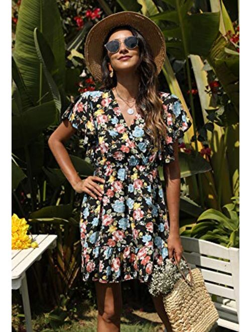 Manydress Women’s Casual Floral Print Butterfly Sleeve Flowy Swing Boho Dress with Pockets MY091