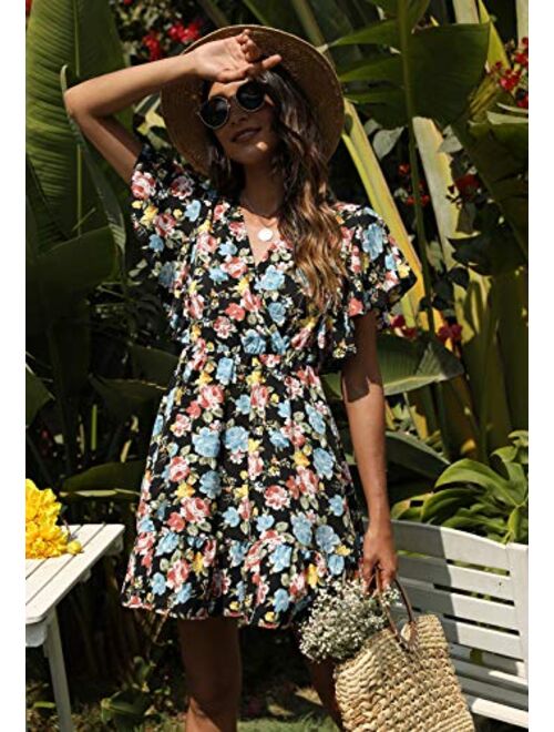 Manydress Women’s Casual Floral Print Butterfly Sleeve Flowy Swing Boho Dress with Pockets MY091