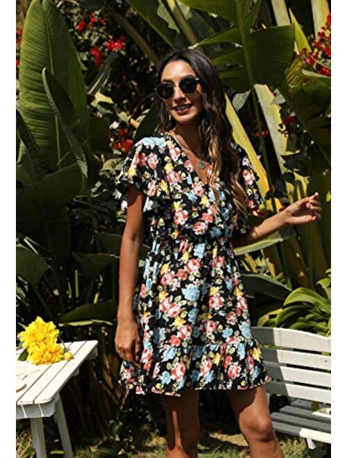 Manydress Women’s Casual Floral Print Butterfly Sleeve Flowy Swing Boho Dress with Pockets MY091