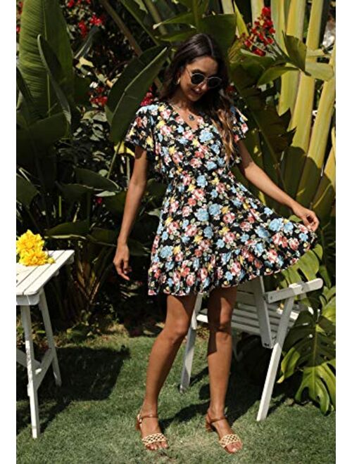 Manydress Women’s Casual Floral Print Butterfly Sleeve Flowy Swing Boho Dress with Pockets MY091