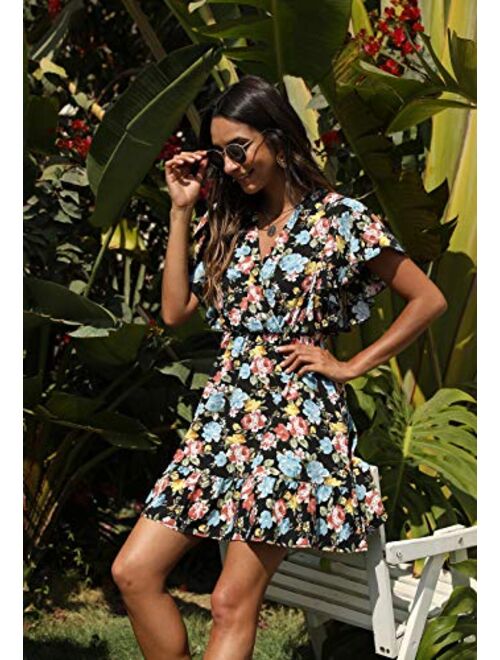 Manydress Women’s Casual Floral Print Butterfly Sleeve Flowy Swing Boho Dress with Pockets MY091