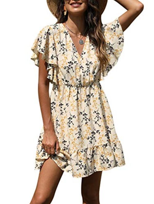 Manydress Women’s Casual Floral Print Butterfly Sleeve Flowy Swing Boho Dress with Pockets MY091