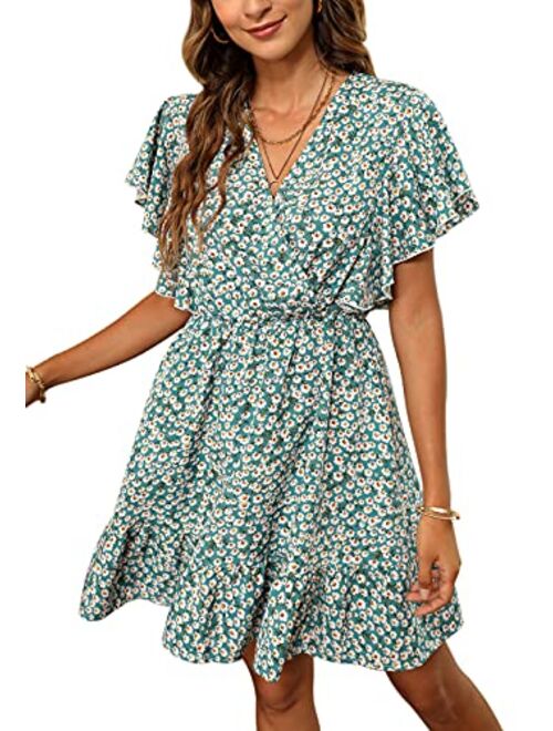 Manydress Women’s Casual Floral Print Butterfly Sleeve Flowy Swing Boho Dress with Pockets MY091